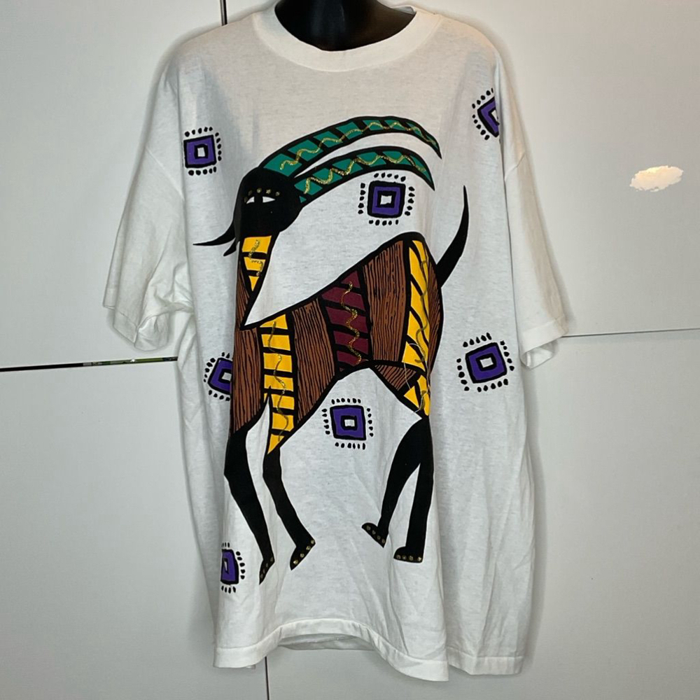 Vintage oversize primitive T-Shirt OSFA XL gazelle tribal USA single stitch